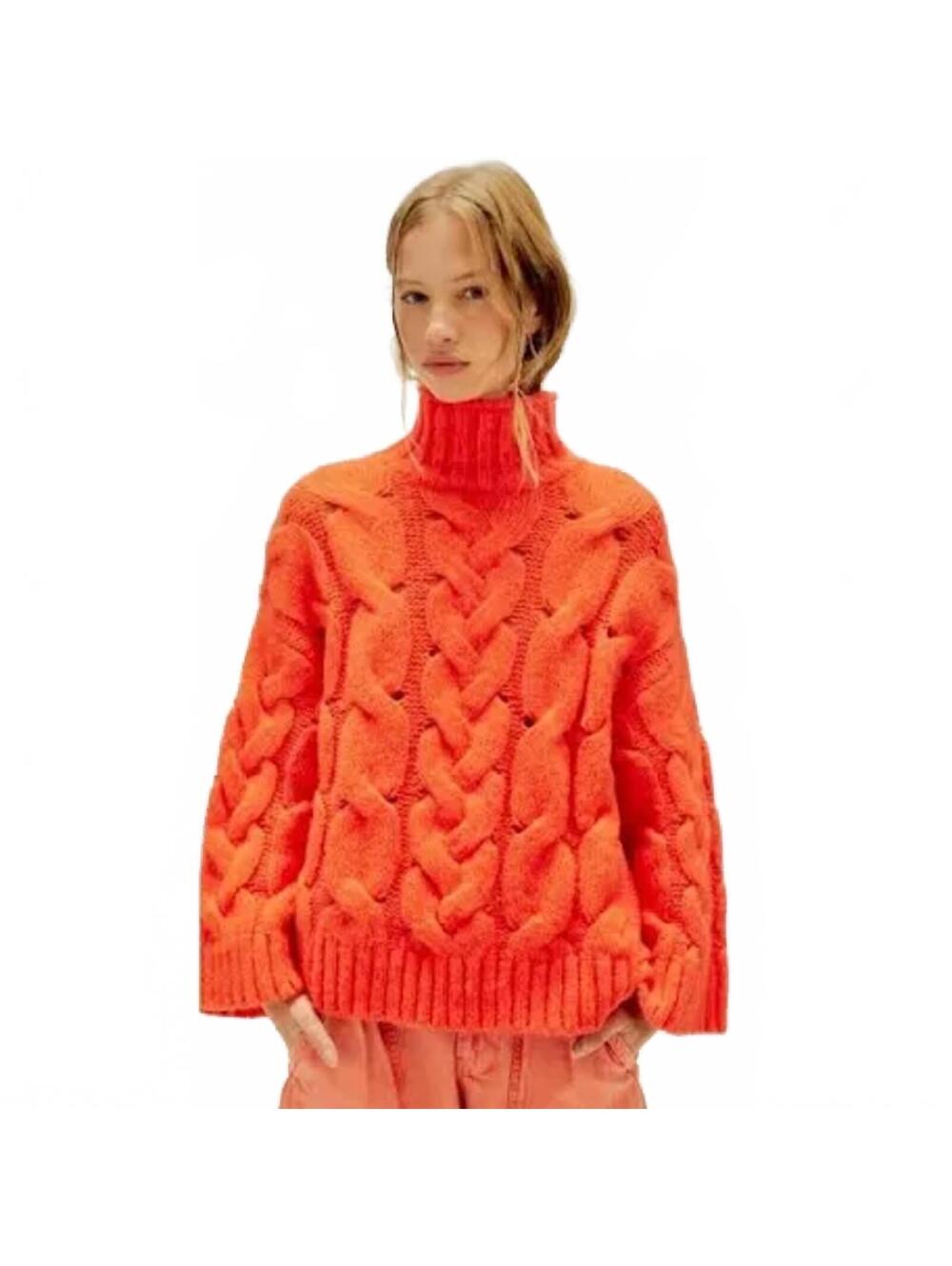 $298 FREE PEOPLE Clementine Soft Spun Cable Knit Pullover Orange Tango Sz L#1250 - Picture 1 of 11